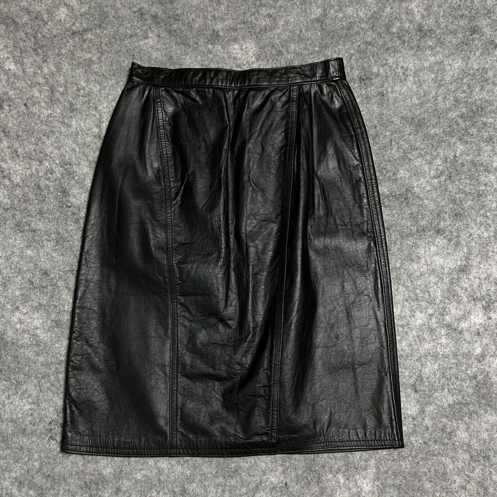 VTG Winlit Genuine Leather Pencil Skirt Women's 9/10 Waist 26" Black Slit Lined